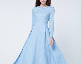 Light blue dress, midi dress, pleated dress, spring dress, long sleeves dress, linen clothing, linen dress woman, party dress 1727#