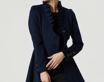 navy blue coat, asymmetrical coat, wool coat, ruffle coat, knee length coat, buttoned coat, fitted coat, midi coat, long sleeves coat 1974#