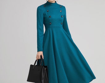 Vintage 1950s Wool dress with Half-Turtle Neck, Midi wool dress, winter dress, fit and flare work dress, Custom party dress, xiaolizi 2232#