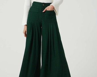 Wool pants, Wide leg pant, Palazzo pants, green wool pant, maxi green pant, pleated pant, wool pants women, winter pant, handmade pant 2070#