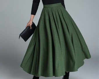 50s Green Long Wool Skirt, Wool Circle Skirt, Vintage Inspired Pleated Long Skirt, High Waist Skirt, Swing Skirt, Autumn Winter skirt 1641