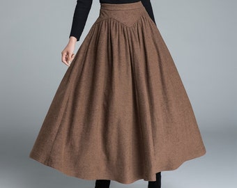 Vintage Inspired Long Wool skirt, Wool skirt women, High waist wool skirt, Winter wool skirt in brown, pleated wool skirt, Mod clothing 1642