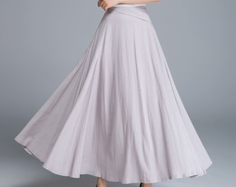 light grey skirt, long skirt, linen skirt, maxi skirt, fitted skirt, pleated skirt, high waisted skirt, A line skirt, boho skirt 1666