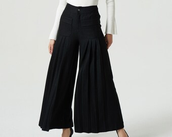 Black pants, wool pants, wide leg pants, maxi pants, winter pants, pockets pants, pleated pants, women pants, handmade pants, pants 1997#