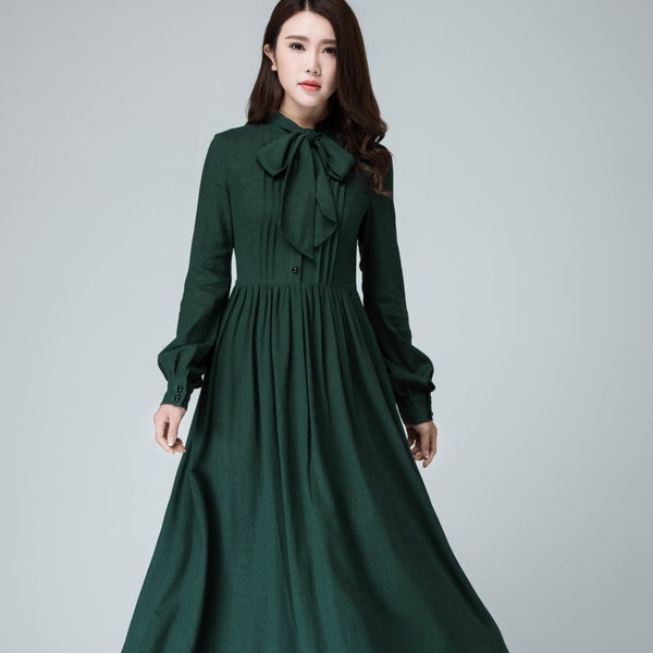 Women's Vintage inspired Long sleeve Medieval maxi dress, Green Long Linen dress, Linen shirt dress, Casual linen dress, Spring dress 1455#
