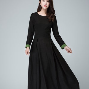 Long Sleeve Maxi dress in Black, Linen dress, Women's dress, Prom dress for women, full length dress, Contract Cuff Long party dress 1450 Black-1450#