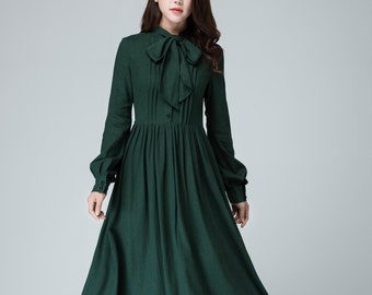 Women's Vintage inspired Long sleeve Medieval maxi dress, Green Long Linen dress, Linen shirt dress, Casual linen dress, Spring dress 1455#