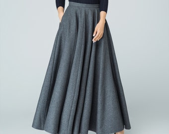 Maxi skirt, pleated skirt, winter skirt, full skirt, wool skirt, dark gray skirt, ladies skirts, christmas gift, plus size skirt 1586#