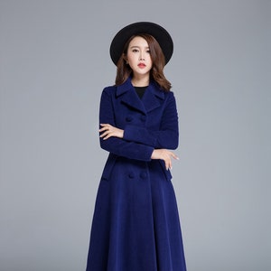 Long wool coat, Blue wool coat, Winter coat women, Wool coat women, Double breasted wool coat, Vintage inspired Long Wool coat 1685#