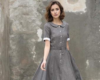 detached sleeve dress グレー　S Linen Shirt Dress, Grey Midi Swing Dress, Shirt Dress Women