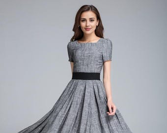 ワンピース LIGHT GREY LINEN MIDI DRESS Linen Dress, Gray Linen Midi Dress, Womens Linen Dress