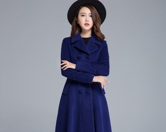 Long wool coat, Blue wool coat, Winter coat women, Wool coat women, Double breasted wool coat, Vintage inspired Long Wool coat 1685#