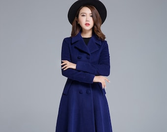 Long wool coat, Blue wool coat, Winter coat women, Wool coat women, Double breasted wool coat, Vintage inspired Long Wool coat 1685#