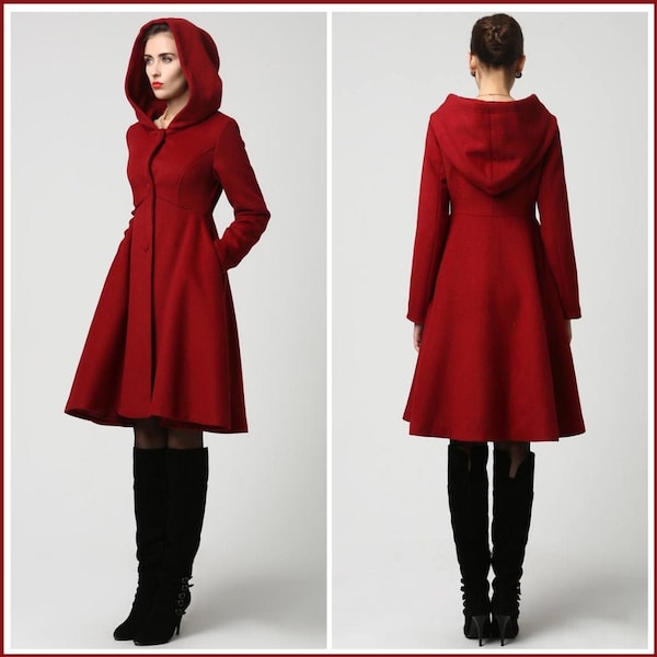 Red Swing Hooded Princess Wool coat, Women's Winter Single breasted wool Coat, warm winter outwear, Hooded wool coat, Custom wool coat 2493#