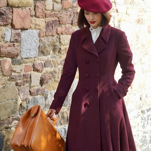 Wool Coat, Wine Red Wool Princess Coat, 1940s wool coat, Long Wool Coat, Winter Coat women, Wool Coat Women, Warm Wool Coat, Xiaolizi 3864 image 5