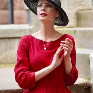 Boat Neck Long Linen Dress, Womens A Line Red Pleated Maxi Boat Neck Long Linen Dress, Womens A Line Red Pleated Maxi