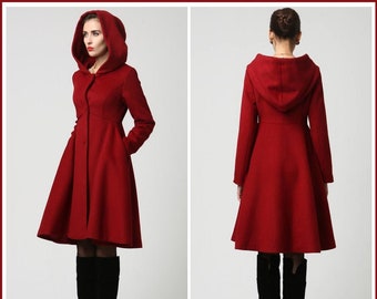 Red Swing Hooded Princess Wool coat, Women's Winter Single breasted wool Coat, warm winter outwear, Hooded wool coat, Custom wool coat 2493#