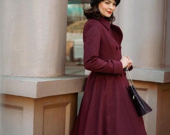 Wool Coat, Wine Red Wool Princess Coat, 1940s wool coat, Long Wool Coat, Winter Coat women, Wool Coat Women, Warm Wool Coat, Xiaolizi 3864