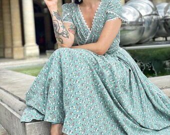 Empire waist Linen maxi Cottagecore dress, Modest Linen dress, Wrap dress, floral Grace Potpourri dress, Summer dress, House dress 0665#