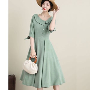Green Swing Midi Dress, Summer Women&#39;s Circle Dress, Dress With Pockets, Custom Dress, Wedding Guest Dress, Modest Dress, Xiaolizi 3320