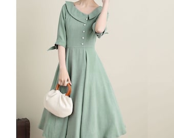 Green Swing Midi Dress, Summer Women's Circle Dress, Dress With Pockets, Custom Dress, Wedding Guest Dress, Modest Dress, Xiaolizi 3320