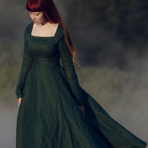 Linen Maxi Dress, Green Long sleeve Linen Dress, Women dress, Fit and flare dress, Swing dress with pockets, Spring autumn dress 3738 1-Green