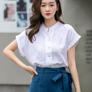 Short Sleeve White Linen Shirt, Linen Shirt Women, Causal linen blouse, Button Down Linen Shirt, Soft Linen Tops, Spring Summer Shirt 4273
