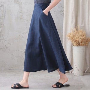 Dark Blue High Waist A Line Elastic Waist Linen Skirt 3339 Dark Blue High Waist A Line Elastic Waist Linen Skirt 3339
