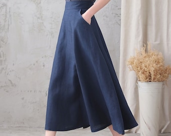 Linen skirt, Midi Linen Skirt, A Line skirt, Elastic Waist Linen skirt, Navy Blue Skirt, Long Maxi skirt, Custom skirt, Xiaolizi 3339#