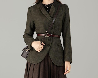 Vintage-style Wool Herringbone Blazer for Women, Olive Green Coat