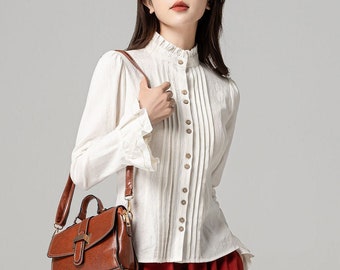 Women's White Linen Blouse, Long Sleeve Linen Blouse With Frill Neck, Spring Linen Blouse, Plus Size Blouse, Custom Tops, Xiaolizi 4184