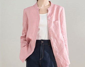 Langarm Rosa Leinenhemd, Leinenhemd Frauen, Leinenbluse, Button Down Leinenhemd, Weiches Leinenoberteil, Frühlingshemd, Xiaolizi 4204