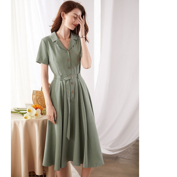 1950's swing shirt Dress, women's Fit and Flare  midi Dress, Handmade dress, Xiaolizi 3381#