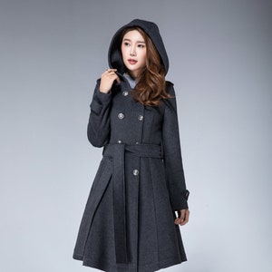 Belted wool coat, Hooded coat, Double breasted Grey Military Coat, winter coat women, Classic wool coat women, Midi coat with pockets 1871#