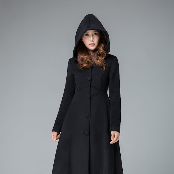 Cappotto in lana con cappuccio nero da principessa, cappotto da donna a trapezio, cappotto lungo in lana di ispirazione vintage, cappotto invernale lungo a campana, cappotto personalizzato, Xiaolizi 1839