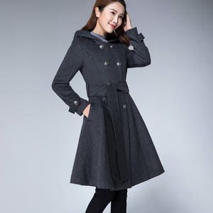 Belted Wool Coat Hooded Coat Double Breasted Grey Military - Etsy