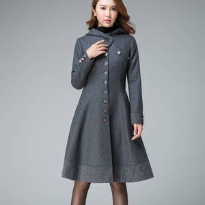 warm winter coat, dark gray coat, wool coat, button coat, fit and flare coat, short coat, hooded coat, plaid coat, retro clothing  1843#