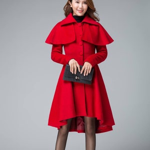 Wool coat, Wool Cape coat, winter coats, red coat, high low coat, Womens wool outwear coat, swing coat, short coat, handmade coat  1848#