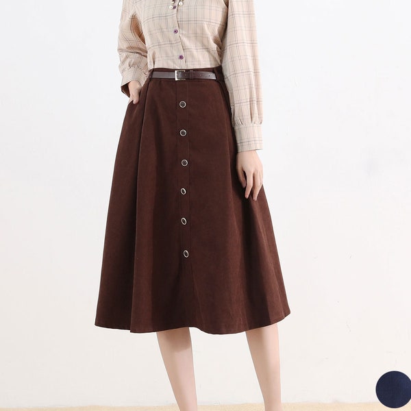 Brown Button Midi Skirt, A Line Swing Skirt, High Waisted Skirt, Women Skirt, Skirt with Pockets, Plus Size Skirt, Midi Skirt Xiaolizi 2521