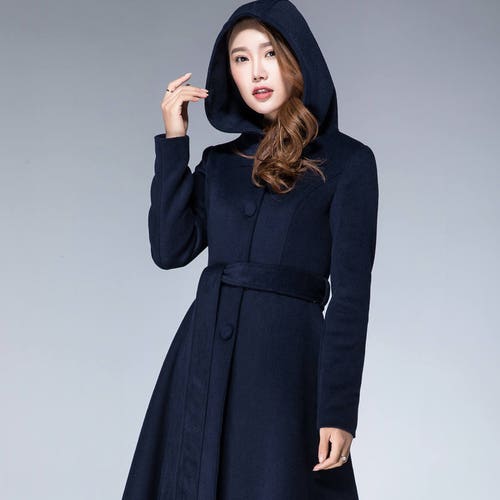 Wool Coat With Hood Belted Coat Navy 