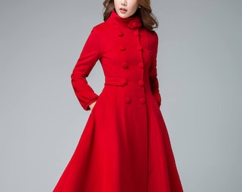 Manteau rouge, manteau en laine, manteau d'hiver, manteau chaud, manteau ajusté et évasé, manteau long, manteau en laine rouge, manteau pour femme, manteau d'hiver rouge, manteau long en laine 1846 #