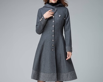 warm winter coat, dark gray coat, wool coat, button coat, fit and flare coat, short coat, hooded coat, plaid coat, retro clothing  1843#