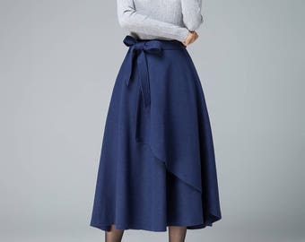 evening skirt, blue skirt, wool skirt, layered skirt, tie belt skirt, boho skirt, romantic skirt, midi skirt, womens skirts, warm skirt 1836