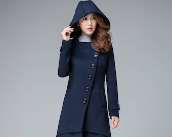 Asymmetrical coat, Hooded coat, wool coat, winter coat women, minimalist coat, navy coat, autumn winter outerwear, Handmade coat 1842#