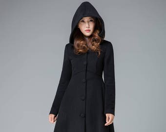 Black winter coat, wool coat, winter coat, warm winter coat, hooded coat, warm coat, long coat, wool coat women, vintage clothing 1839