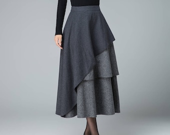 Gray Wool skirt, maxi winter skirt, layered skirt, high waisted skirt, womens skirts, winter skirt, designers clothing, holiday skirt 1833#