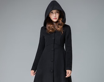 Winter Long Hooded Wool Princess Coat Women, Vintage Inspired Maxi Wool Coat with Hood, Swing Coat, A Line Coat, Black Coat, Xiaolizi 1839