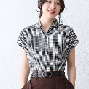 Handmade plaid Linen Blouse with Cap Sleeves 2891 Handmade plaid Linen Blouse with Cap Sleeves 2891