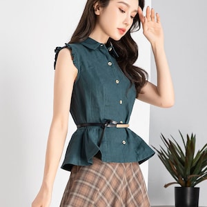 Women Green Sleeveless Button Up Linen Shirt, Summer Linen Shirt, Retro Ruffle Sleeve Linen Shirt, Loose Shirt, Causal Handmade Tops 4251#