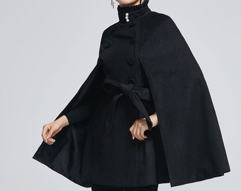 Black Wool Cape Coat for Women, Plus Size Wool Cape Cloak Coat